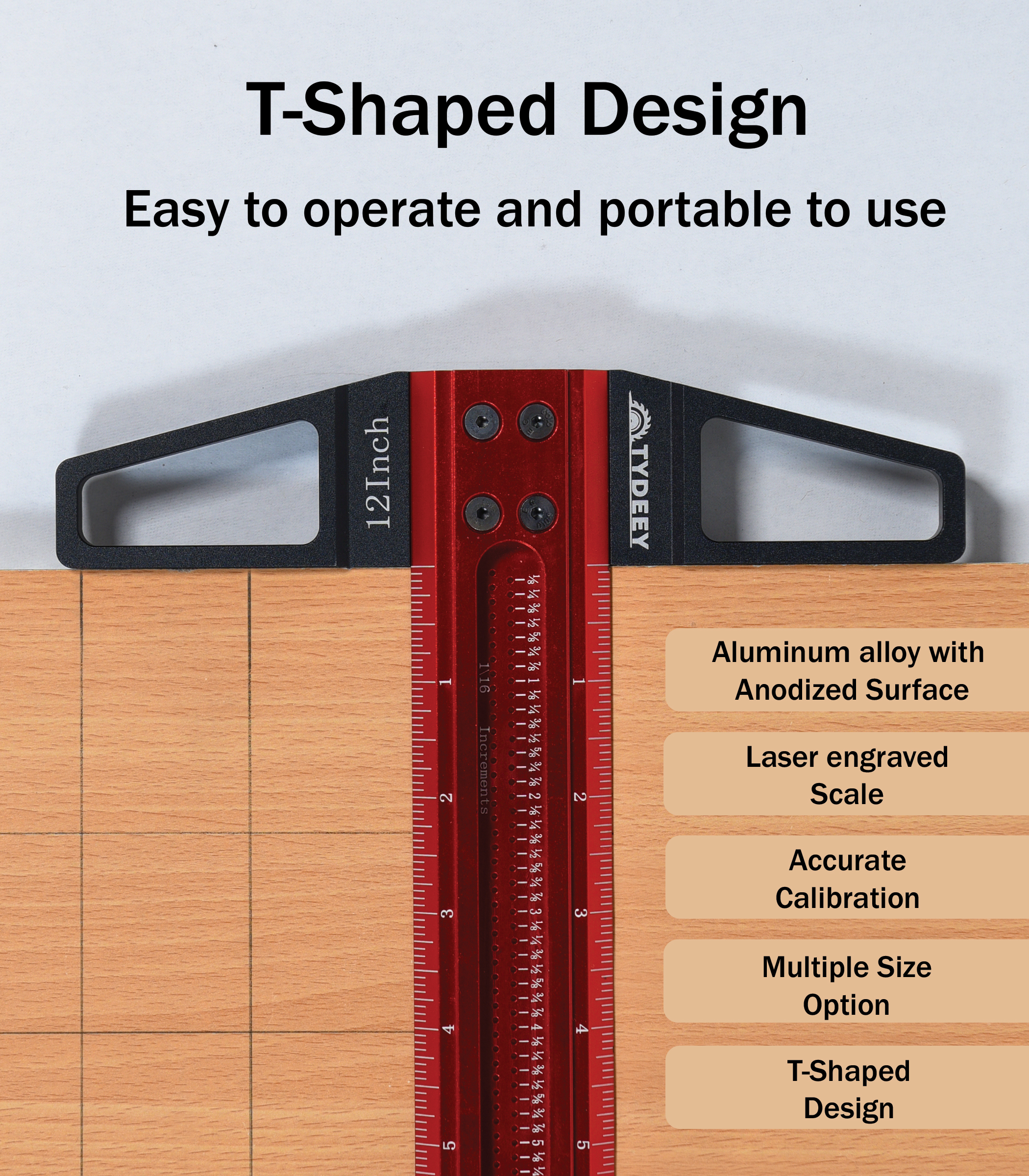 Tydeey 12 in T Square Ruler T-shaped Woodworking Scriber Measuring Tool , Aluminum Alloy Layout and Measuring Tools